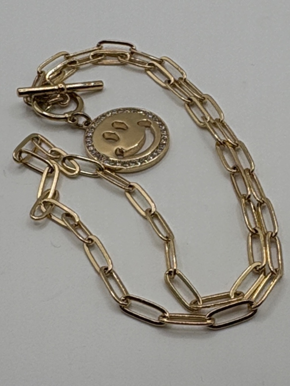 Gold Smiley Face Pendant Necklace - Gold Toggle Paperclip 18” - Picture 8 of 9